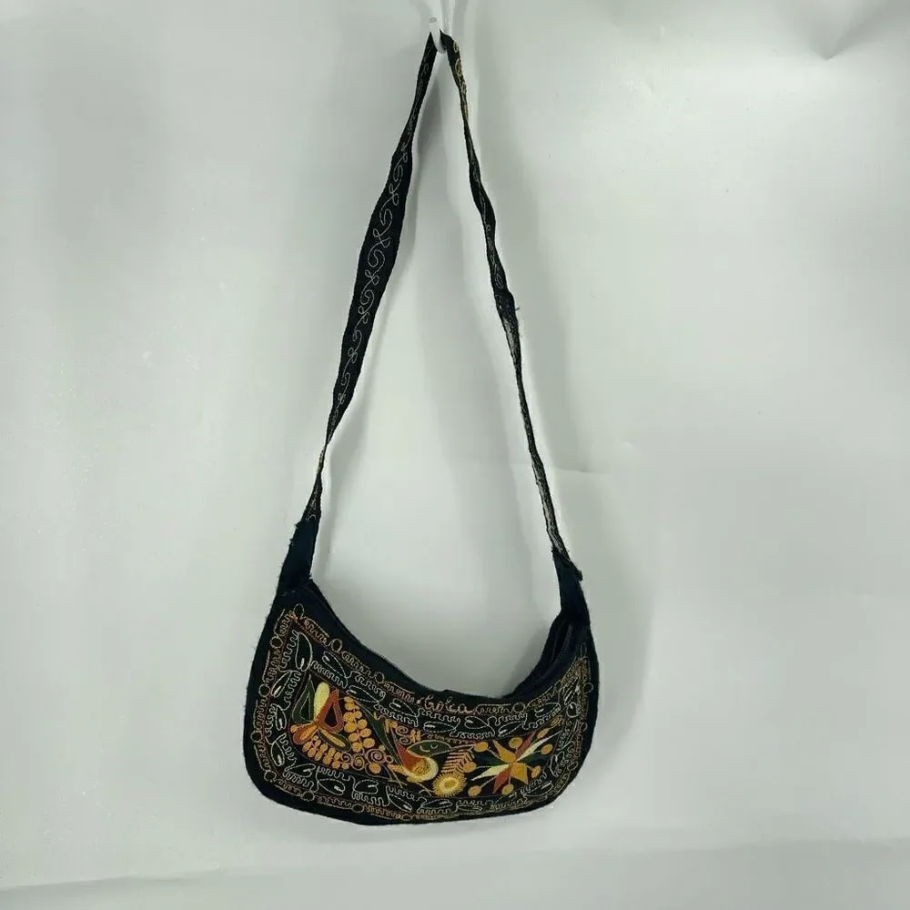 Womens Boho Bag Embroidered Handbag Purse handmade Black Multicolor